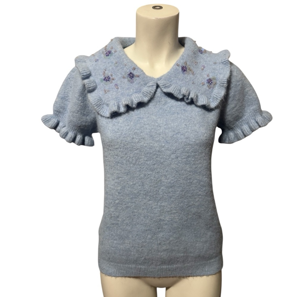 ZARA Peter Pan Beaded Collar Blue Cropped Knit Sweater Ruffle Trim Women’s Large - Picture 4 of 13